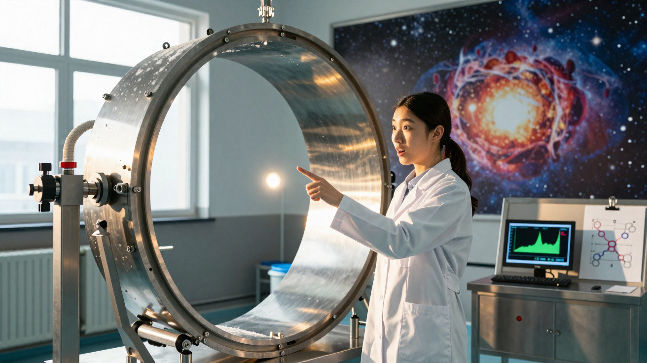 Cientista em jaleco branco interage com equipamento circular metálico em laboratório de física.