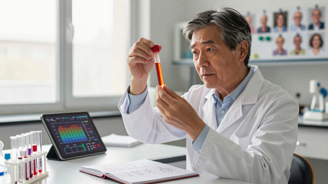 Cientista em jaleco observando cuidadosamente um tubo de ensaio com líquido vermelho em laboratório.