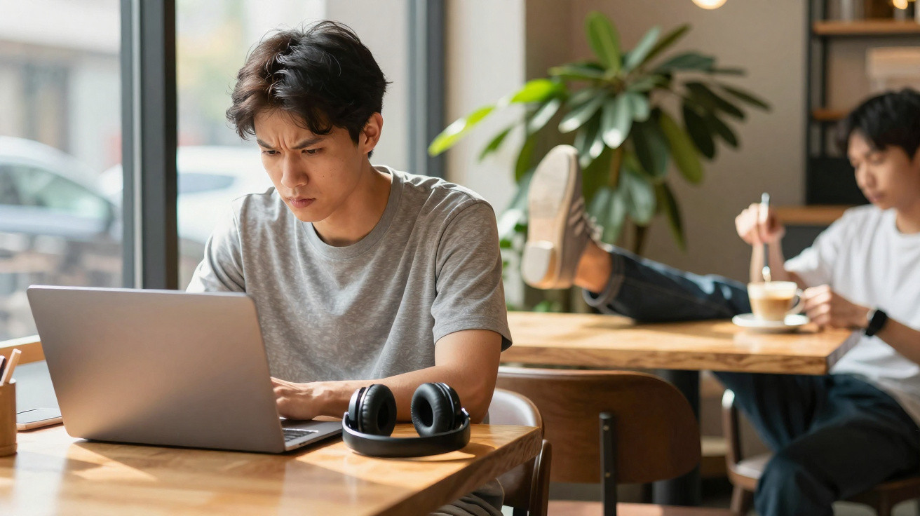 Jovem concentrado trabalhando em notebook com fones sobre a mesa em café movimentado.