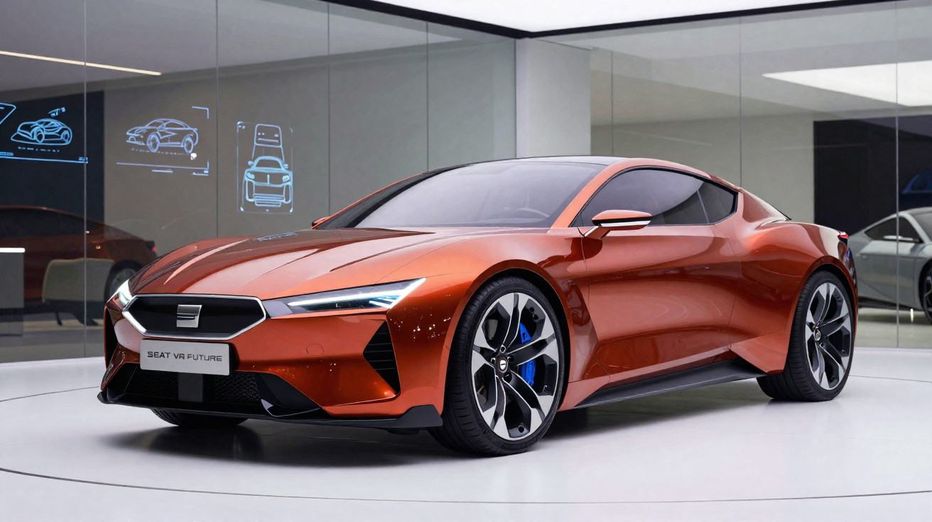 Carro esportivo conceito laranja metálico Seat VR Future em ambiente moderno com paredes de vidro.
