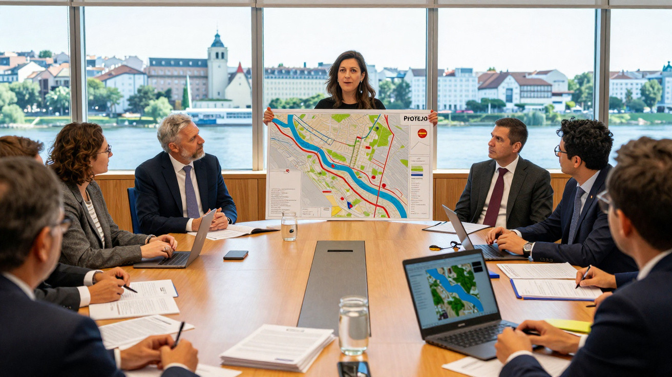 Mulher apresenta mapa a seis pessoas durante reunião em sala com vista para cidade às margens de um rio.