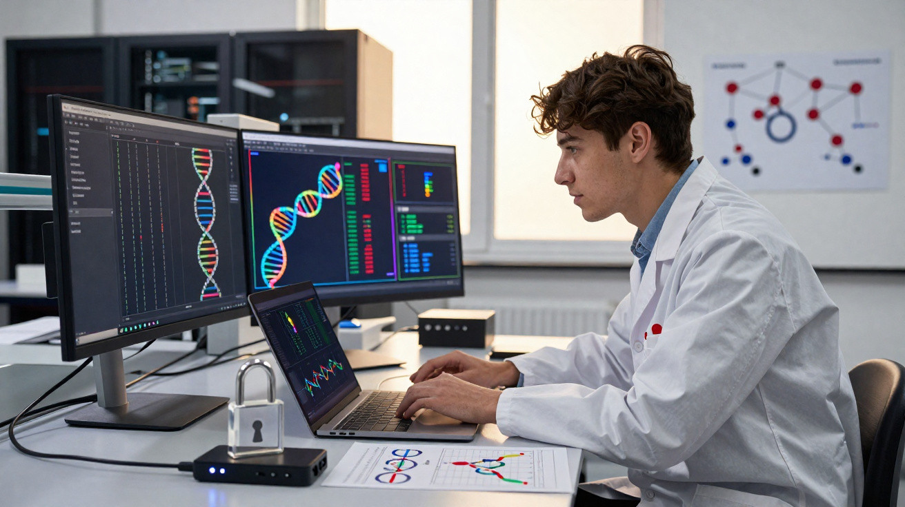 Pesquisador em branco analisando dados genéticos em múltiplas telas com modelos de DNA em laboratório.