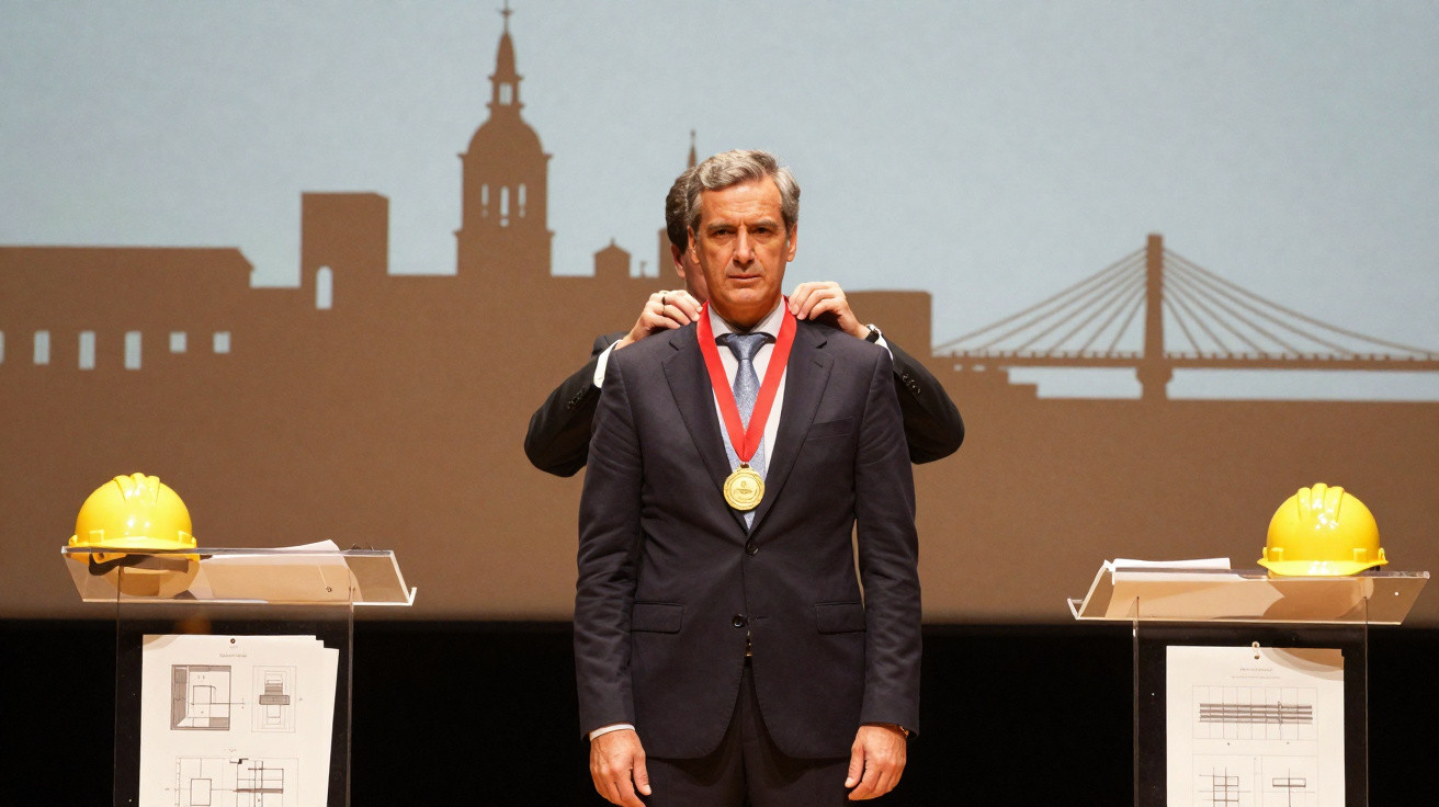Homem recebendo medalha dourada em cerimônia com capacetes e plantas arquitetônicas ao lado.
