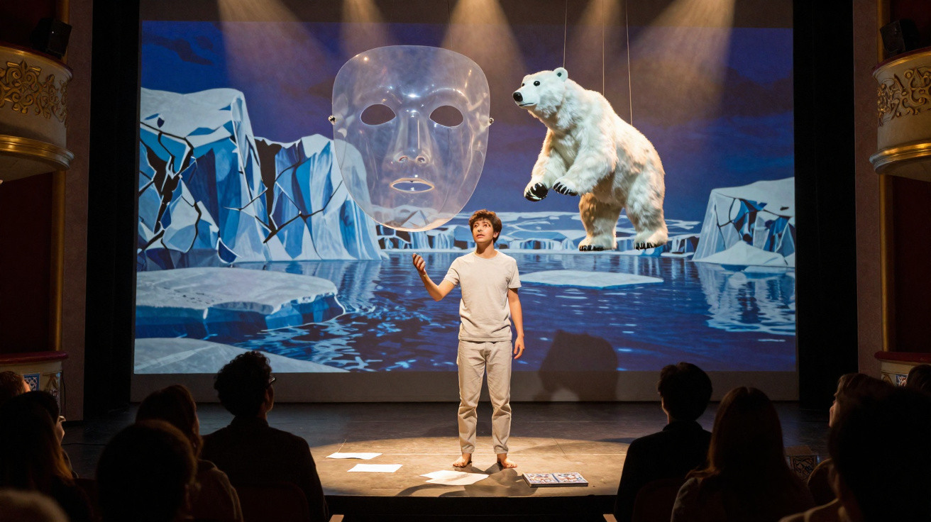 Jovem em palco com cenário de geleira, máscara transparente flutuante e urso polar suspenso, diante de plateia.