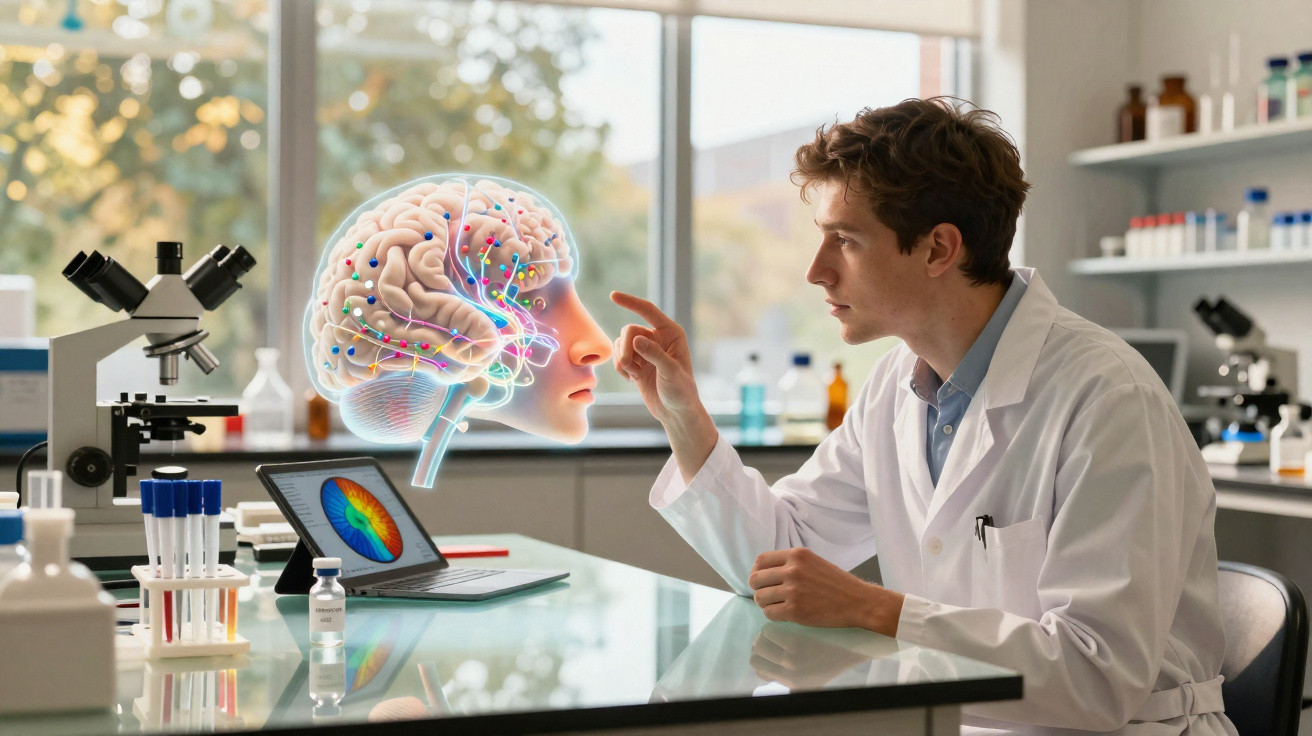 Cientista em laboratório interage com holograma de cérebro humano mostrando conexões neurais coloridas.