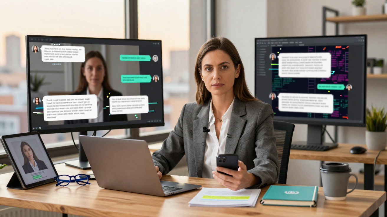 Mulher executiva em escritório moderno trabalhando com laptop, celular e múltiplos monitores com gráficos e mensagens.