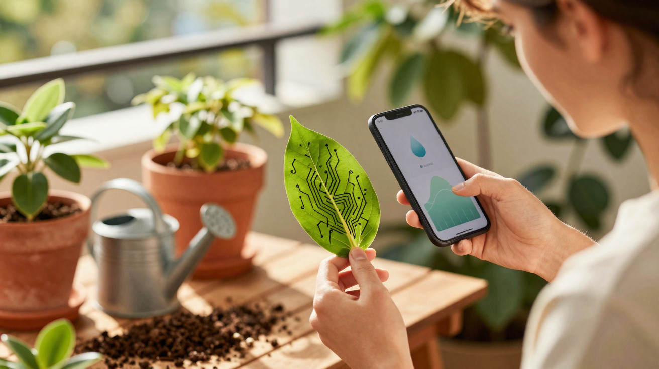 Pessoa segurando folha com circuito impresso e celular com app de monitoramento de irrigação em jardim interno.