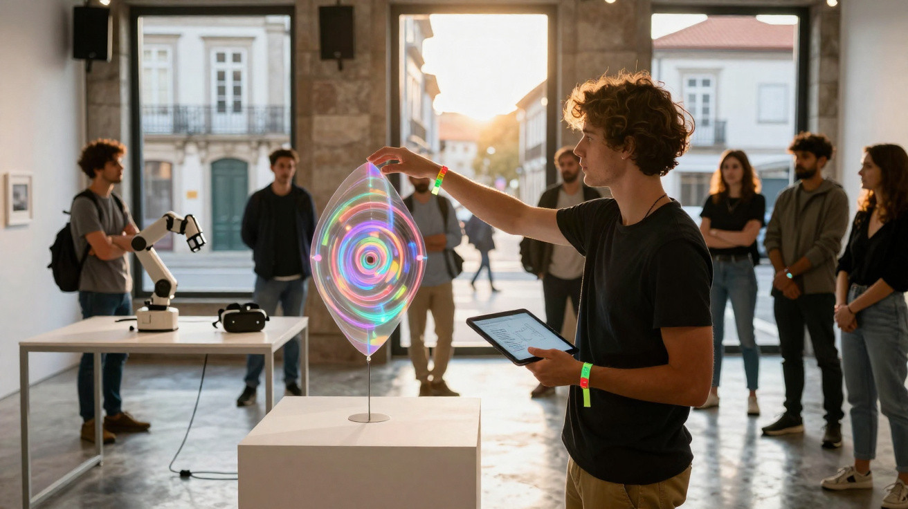 Jovem interage com escultura colorida em exposição enquanto grupo observa em ambiente iluminado por luz natural.