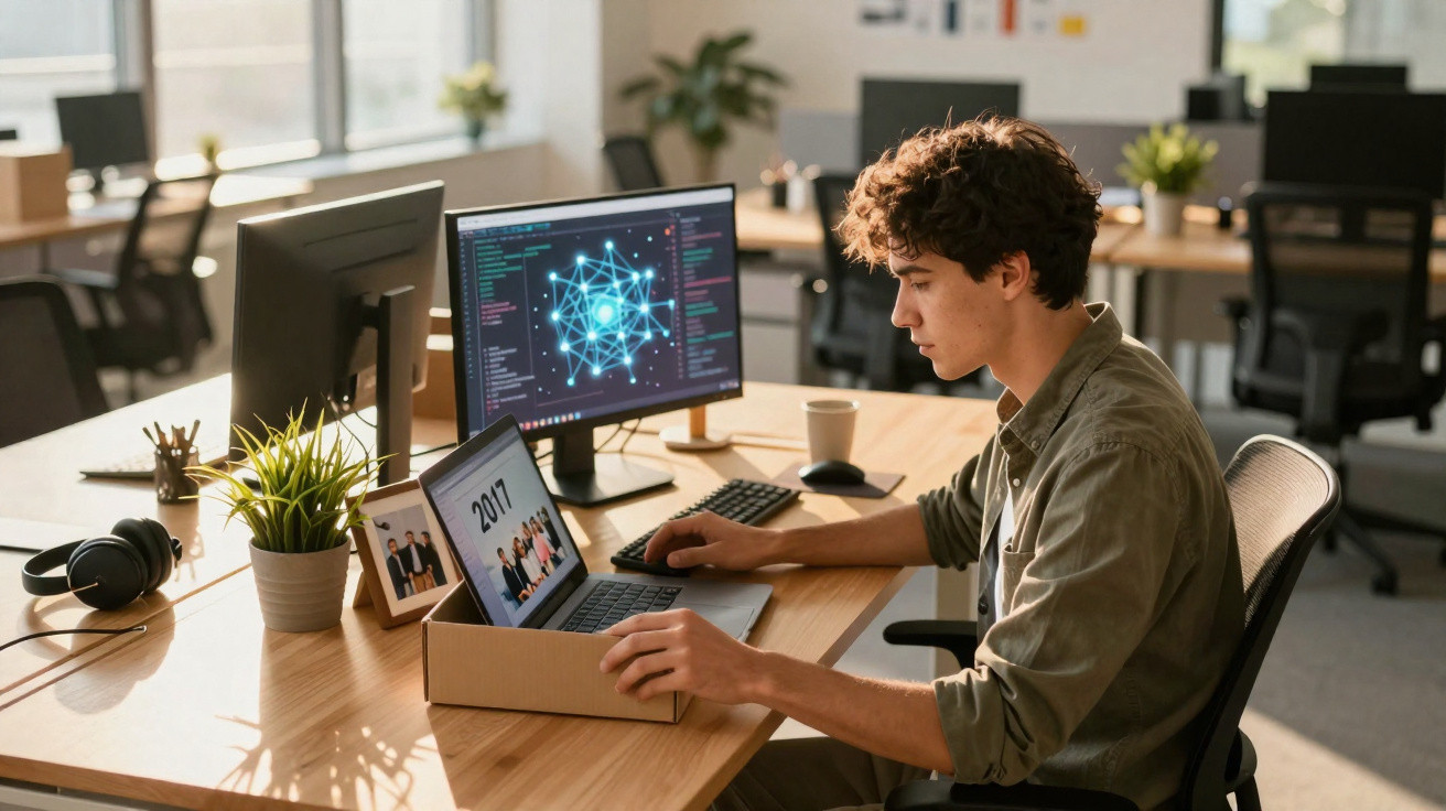 Jovem trabalhando em escritório moderno com laptop e monitor, analisando dados em ambiente iluminado.