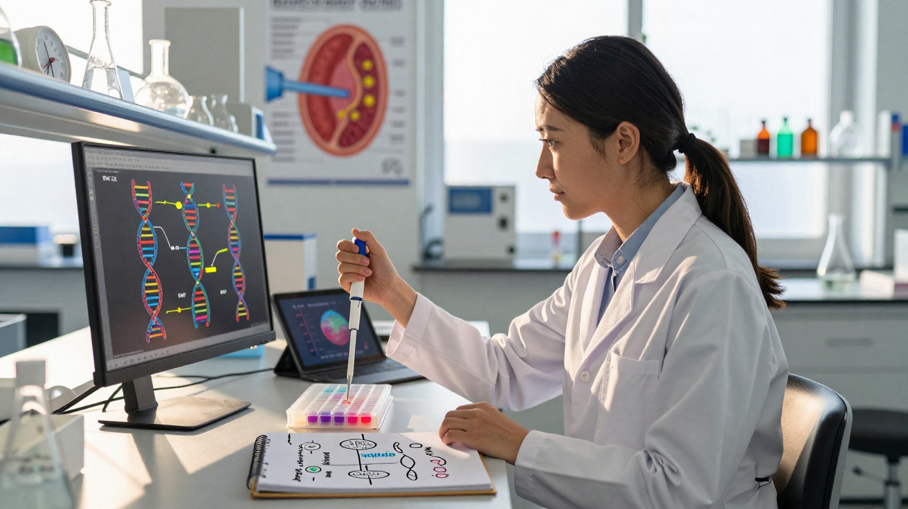 Cientista no laboratório analisando sequência de DNA no computador e usando pipeta em tubos de ensaio.