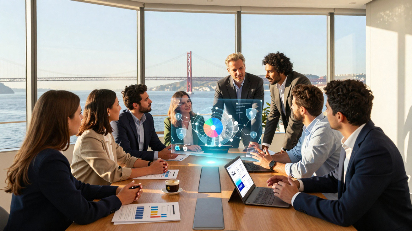 Reunião de negócios em sala com vista para ponte, com projeção holográfica de gráficos e oito pessoas em discussão.