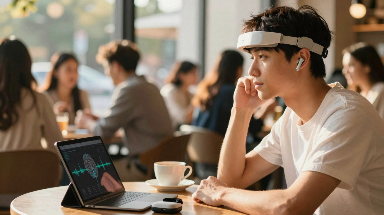 Homem com dispositivo na cabeça e fones, olhando para tablet em mesa de café movimentada.
