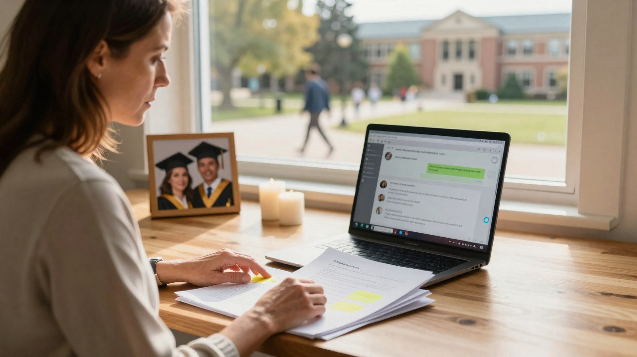 Mulher revisando documentos com anotações em frente a laptop na mesa perto de janela com vista externa.