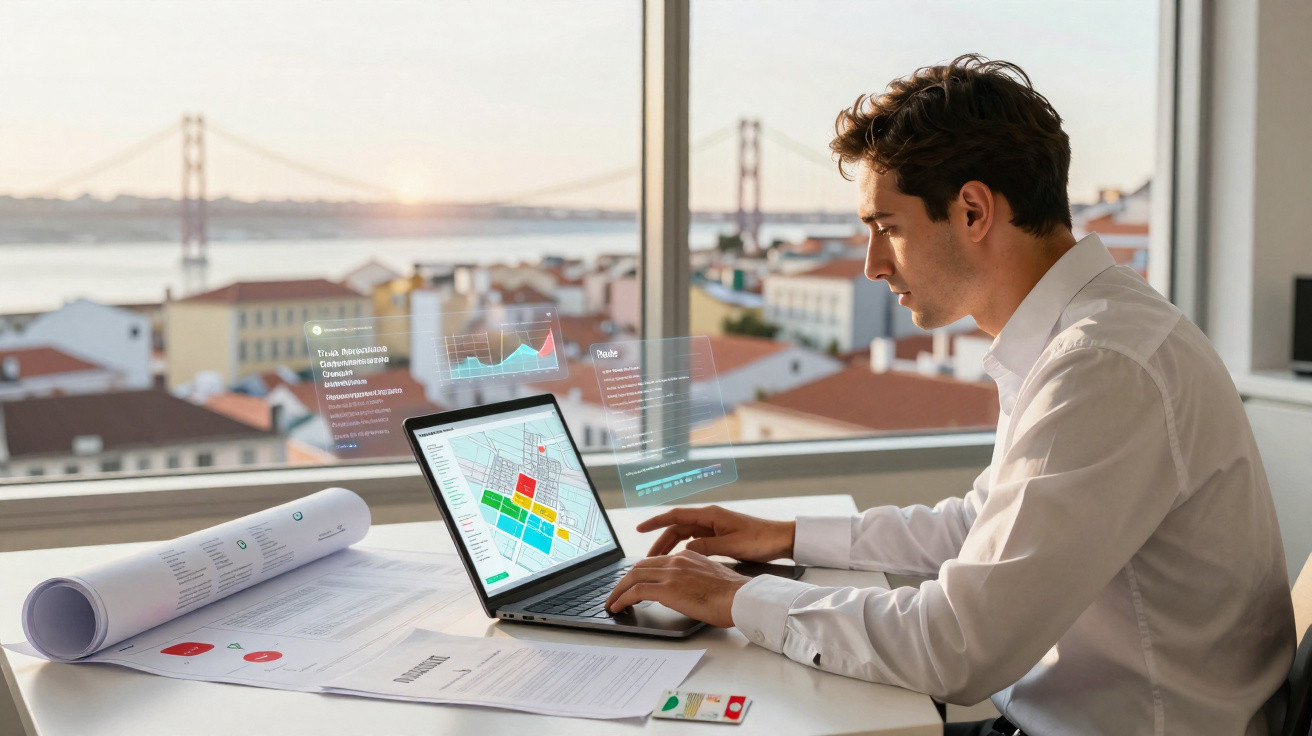 Homem trabalhando em laptop com gráficos e mapas digitais, vista de cidade e ponte ao fundo.