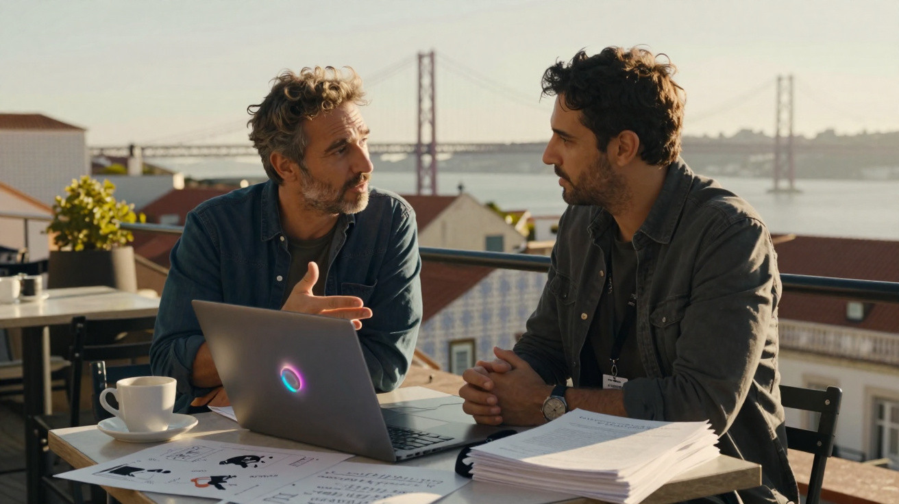 Dois homens conversando em mesa ao ar livre com laptop, documentos e xícara, com ponte ao fundo.