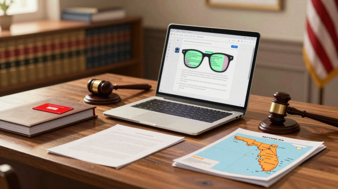 Mesa de escritório com laptop exibindo página web, martelos de juiz, documentos e mapa da Flórida.