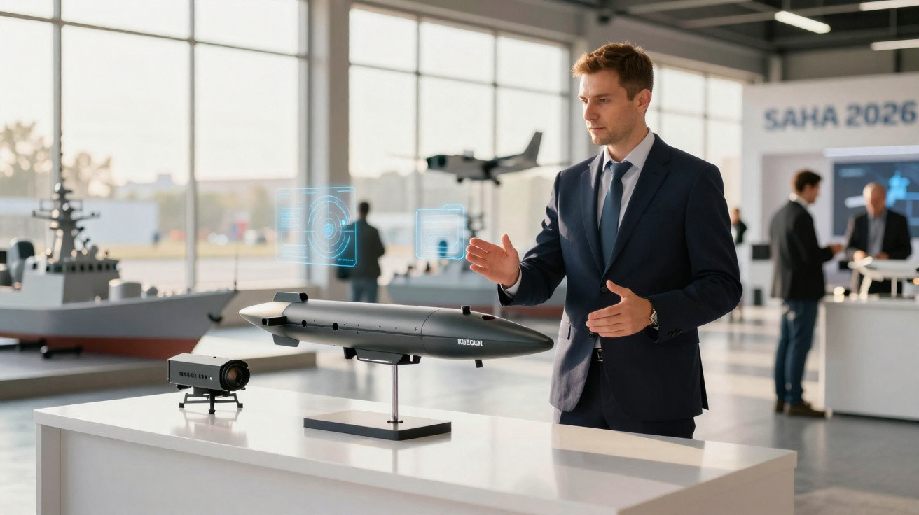 Homem de terno analisa maquete de míssil em exposição de tecnologia militar com hologramas flutuando.