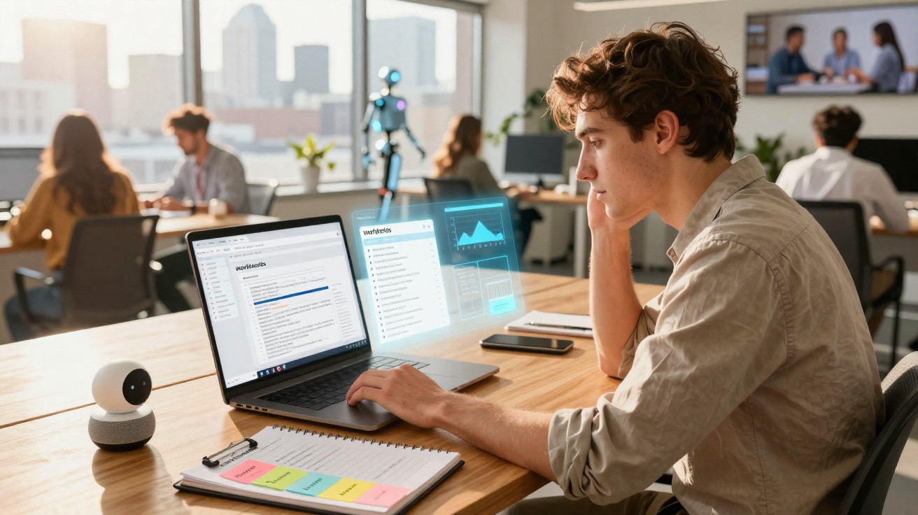 Jovem trabalhando em laptop com gráficos holográficos em escritório moderno e outras pessoas ao fundo.