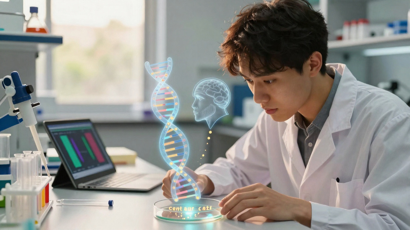 Jovem cientista em laboratório observa holograma de dupla hélice de DNA e cérebro em placa de Petri.