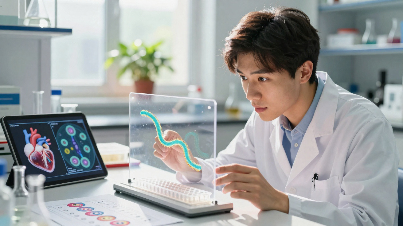 Cientista em jaleco manipulando modelo 3D de espiral em laboratório com tablet mostrando imagens médicas.