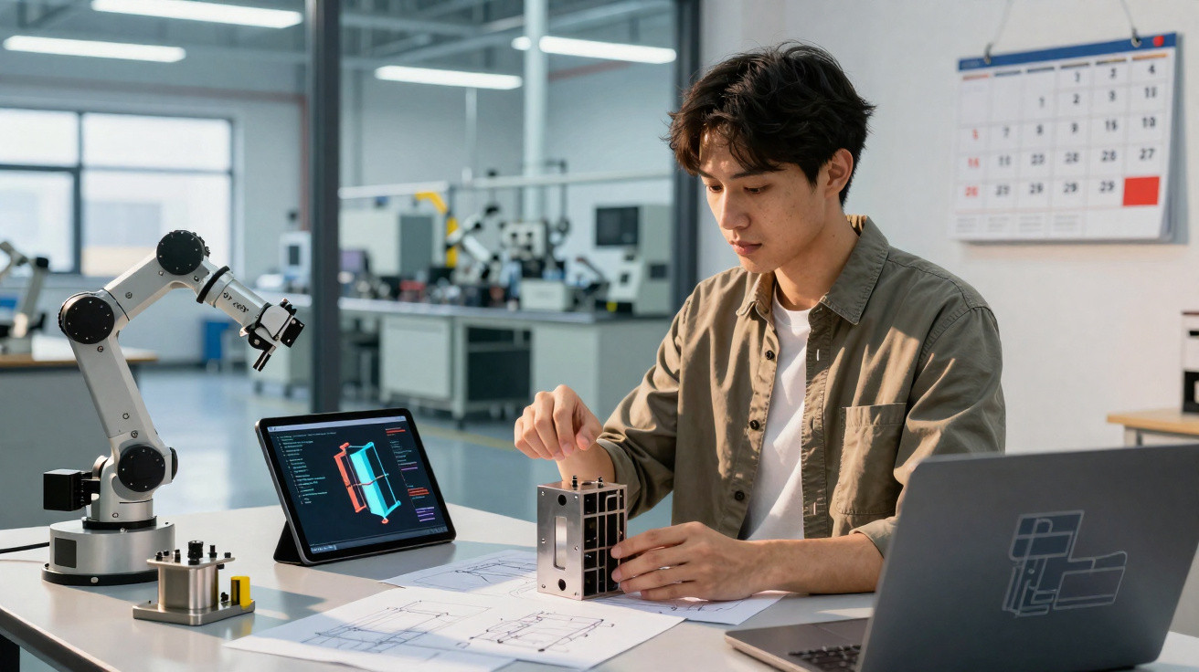 Jovem engenheiro analisa protótipo de dispositivo eletrônico em laboratório com computador e braço robótico.