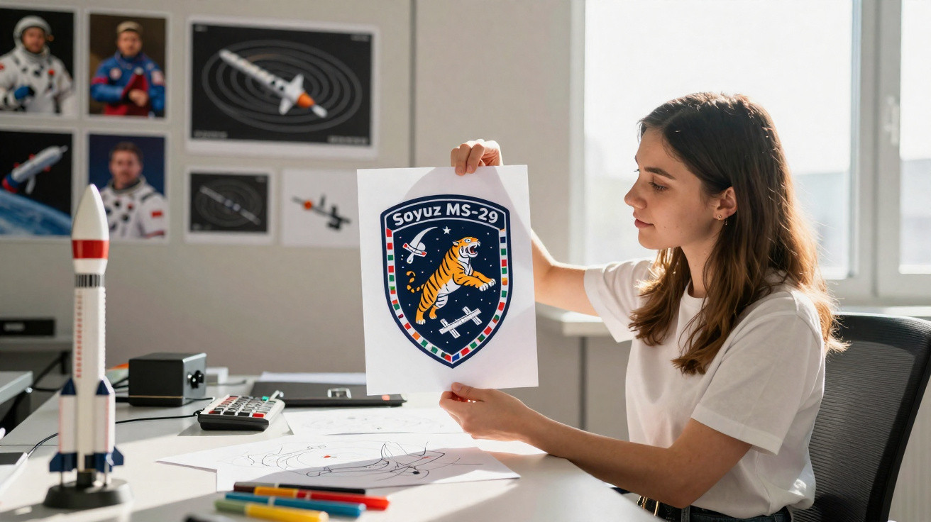 Mulher segurando desenho do emblema da missão Soyuz MS-29 em mesa com foguete e materiais de desenho.