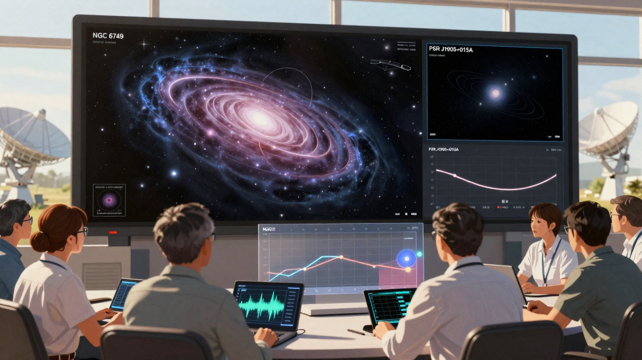 Equipe de cientistas em sala de controle analisando imagens e gráficos de uma galáxia e pulsar no espaço.