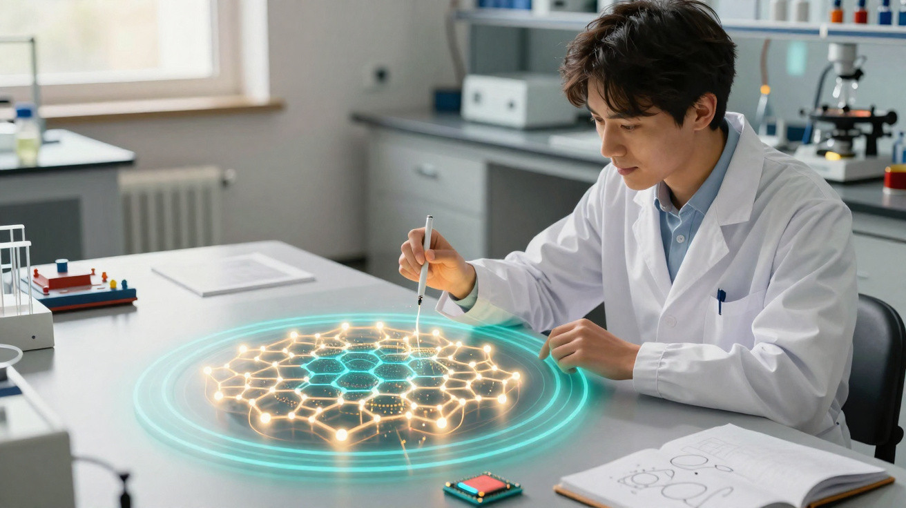 Cientista asiático em jaleco branco analisando estrutura molecular digital brilhante em laboratório moderno.