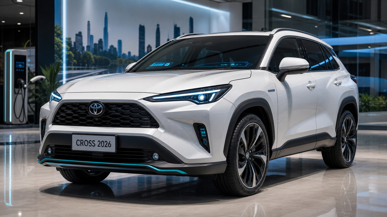 Carro SUV branco Toyota Cross 2026 em showroom moderno com teto de vidro e iluminação azul.