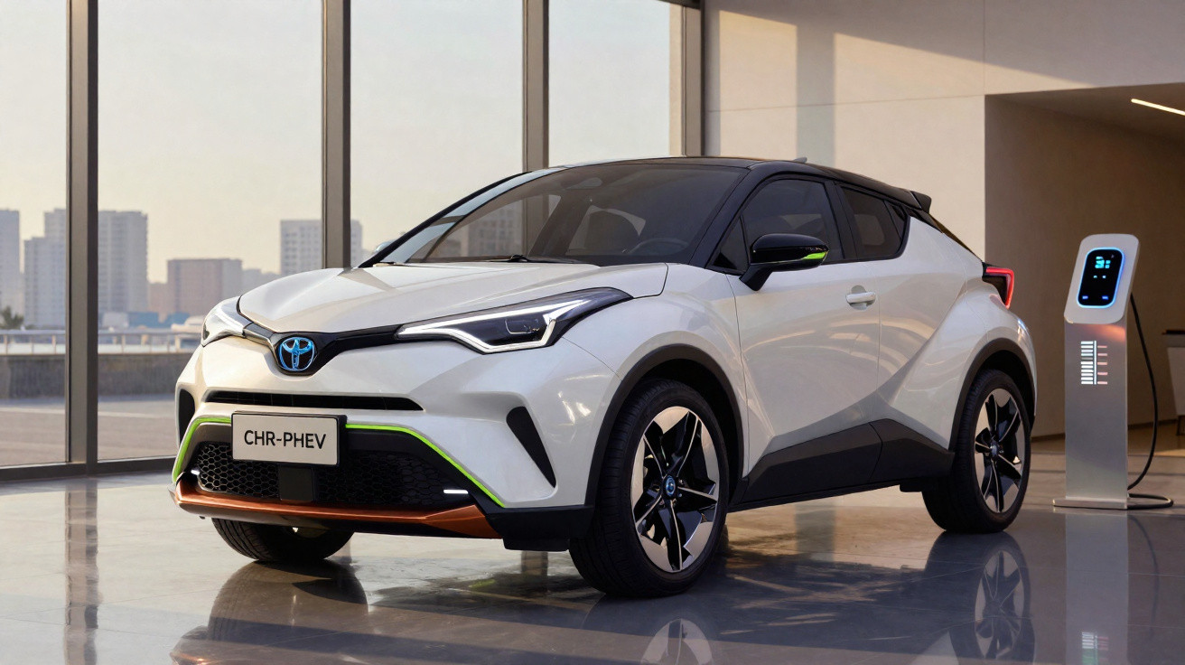 Carro elétrico Toyota CHR-PHEV branco estacionado próximo a estação de recarga em ambiente interno moderno.