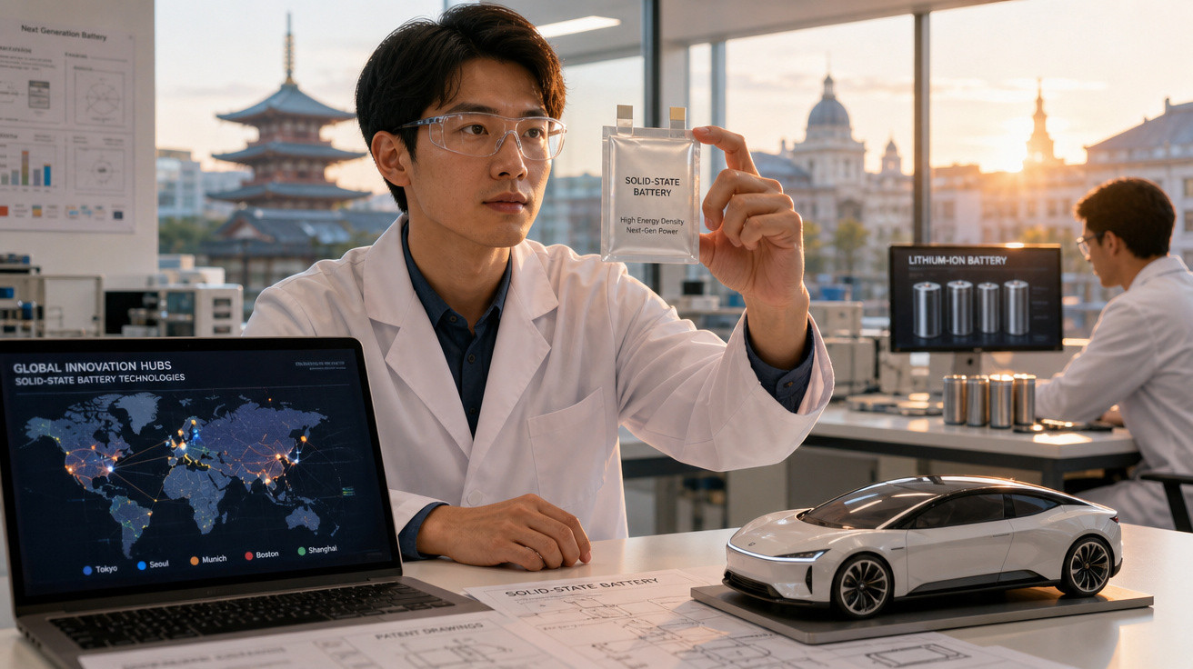 Cientista em laboratório examinando bateria sólida ao lado de maquete de carro elétrico e mapas tecnológicos.