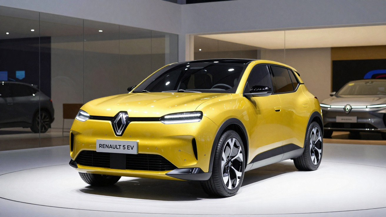 Carro elétrico Renault 5 EV amarelo exibido em ambiente interno com iluminação branca.