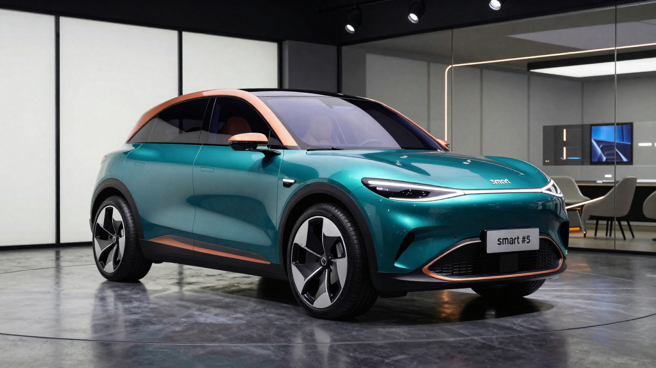 Carro elétrico Smart #5 verde com detalhes em laranja em ambiente interno moderno e iluminado.