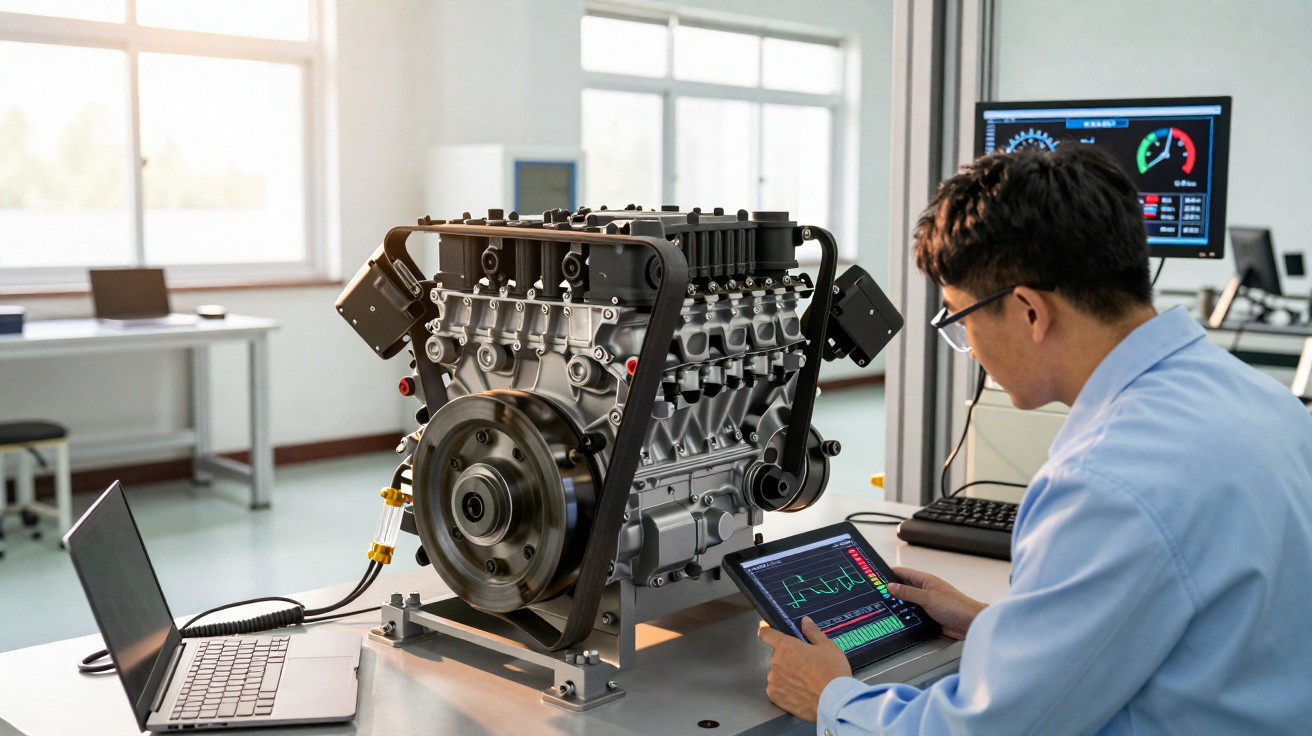 Engenheiro analisando dados de desempenho em tablet ao lado de motor automobilístico em laboratório moderno.