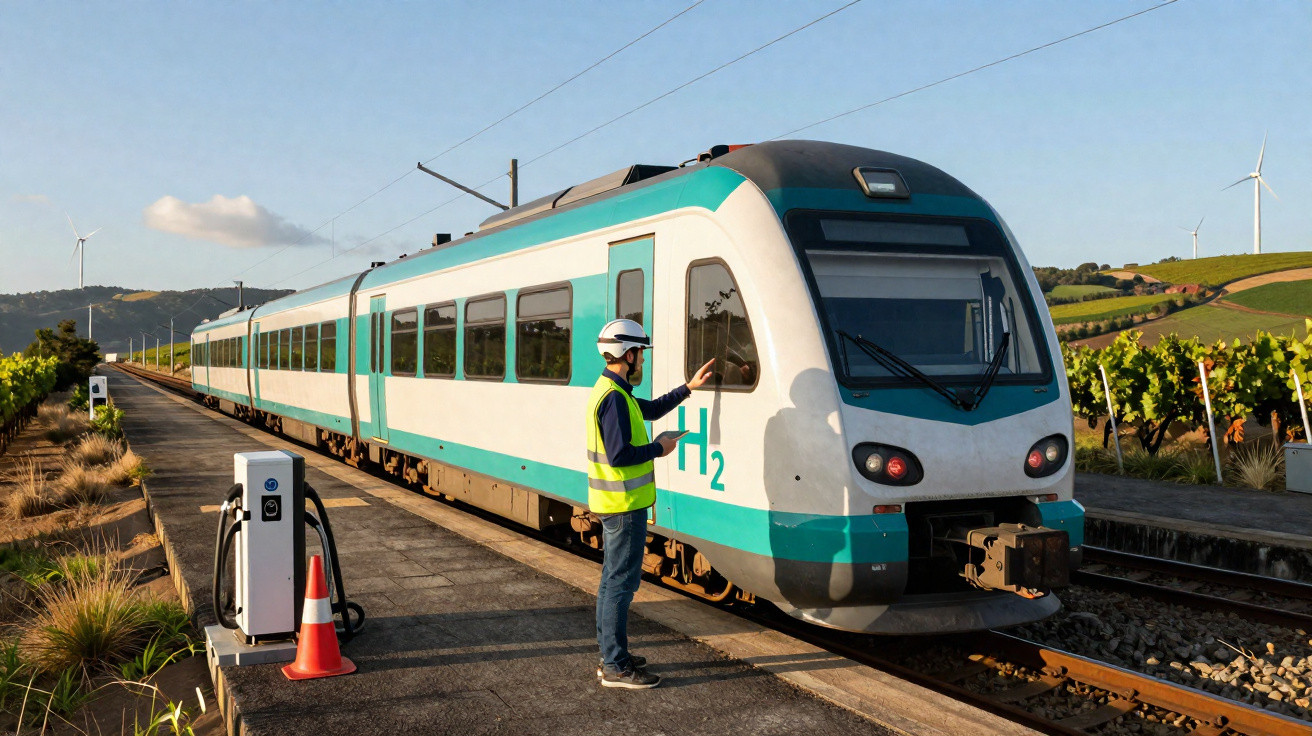 Trem moderno movido a hidrogênio em estação rural com técnico vestindo colete e capacete.