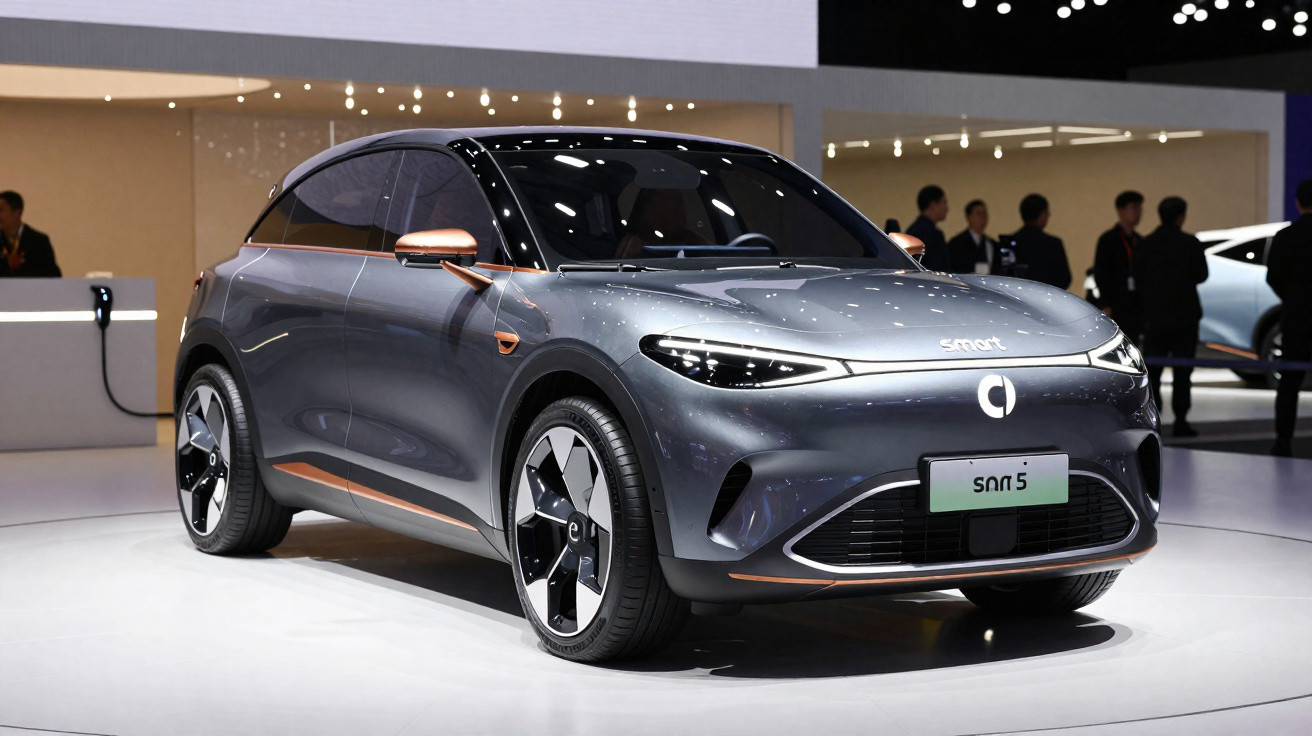 Carro elétrico Smart SUV cinza em exposição, com design moderno e detalhes em cobre.