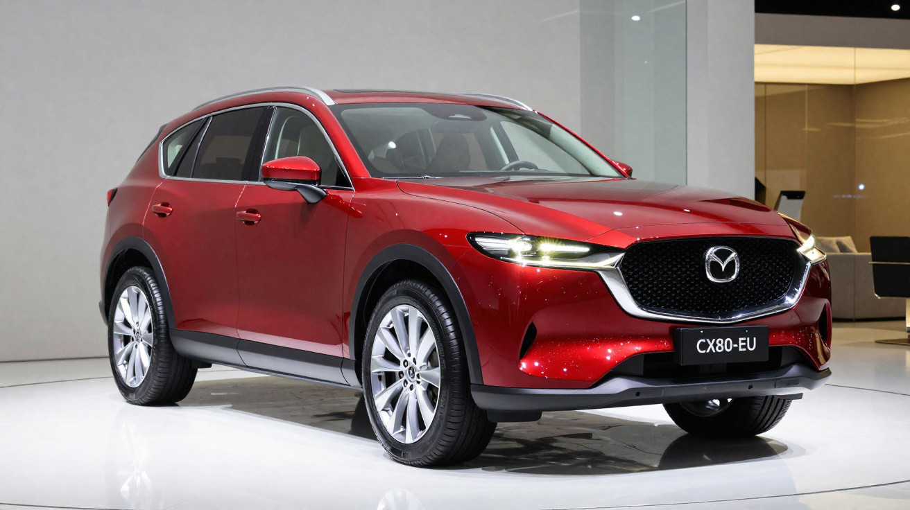SUV vermelho Mazda CX80-EU em exposição em ambiente interno, iluminação destacando o design moderno.