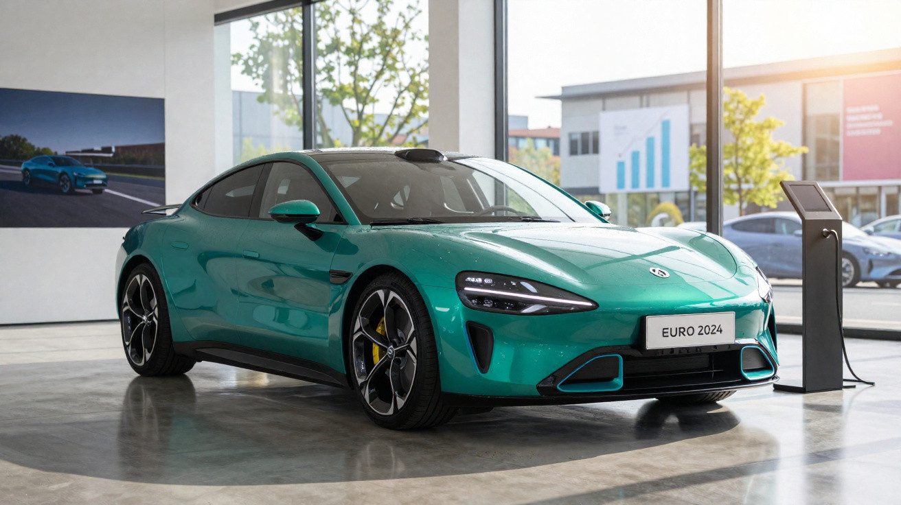 Carro elétrico esportivo verde em exposição com placa Euro 2024, em ambiente interno iluminado.