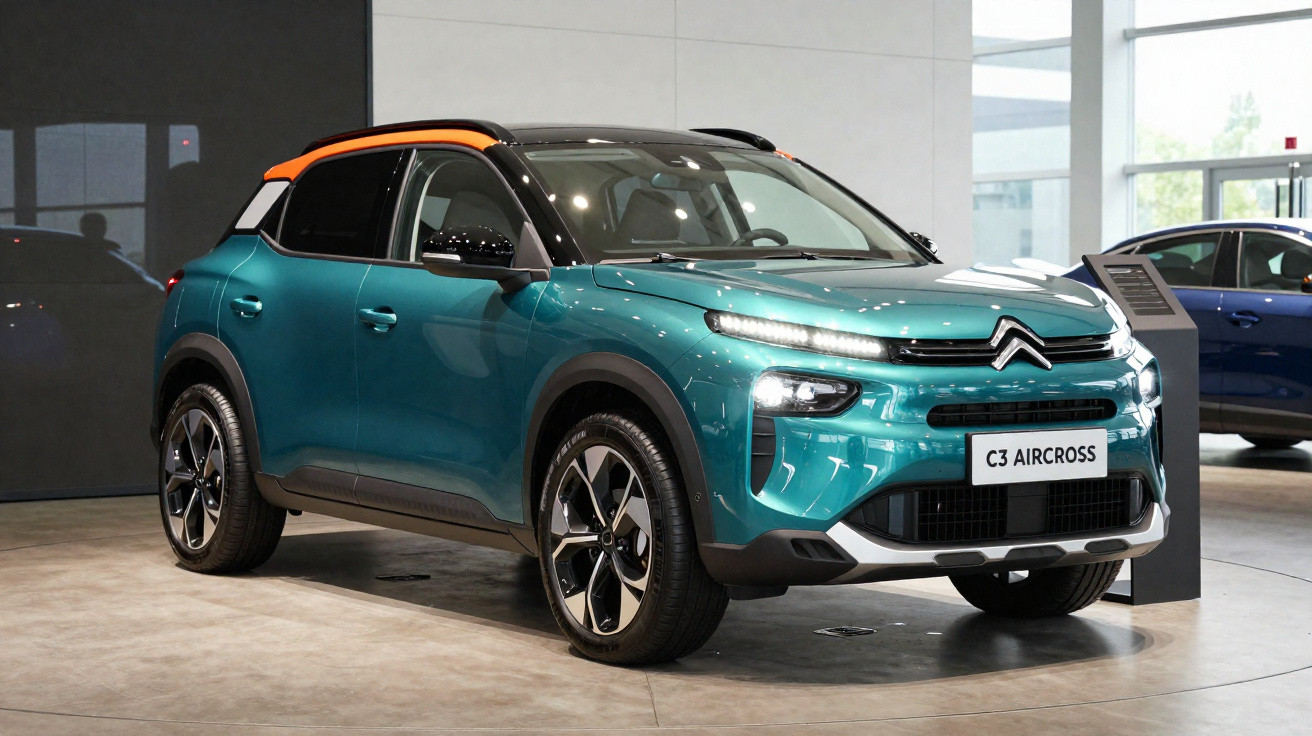 SUV Citroën C3 Aircross verde em showroom com detalhes em laranja e branco no teto.