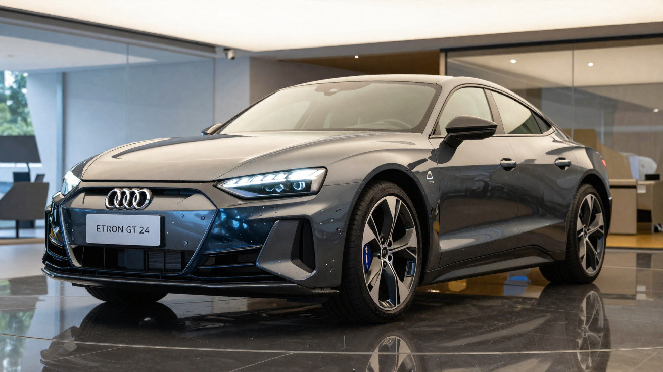 Carro elétrico Audi e-tron GT 24 cinza estacionado em showroom moderno com piso reflexivo.