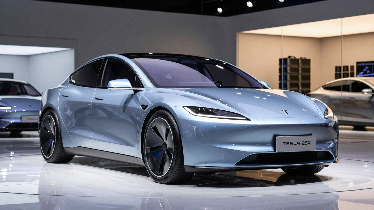 Carro elétrico Tesla 25K prateado exibido em salão de automóveis moderno e iluminado.