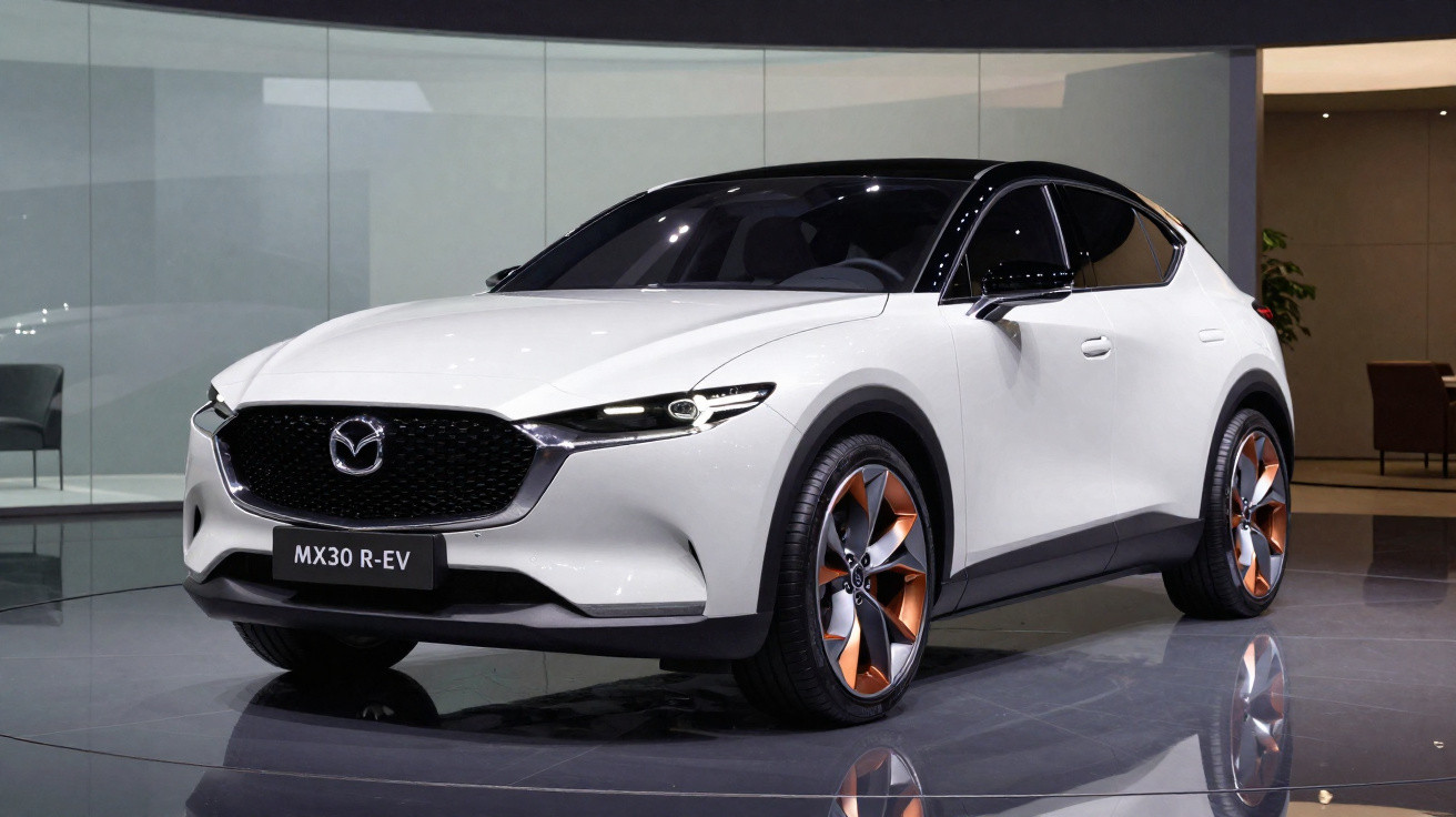 Carro elétrico branco Mazda MX-30 R-EV exibido em showroom com rodas destaque em laranja e preto.