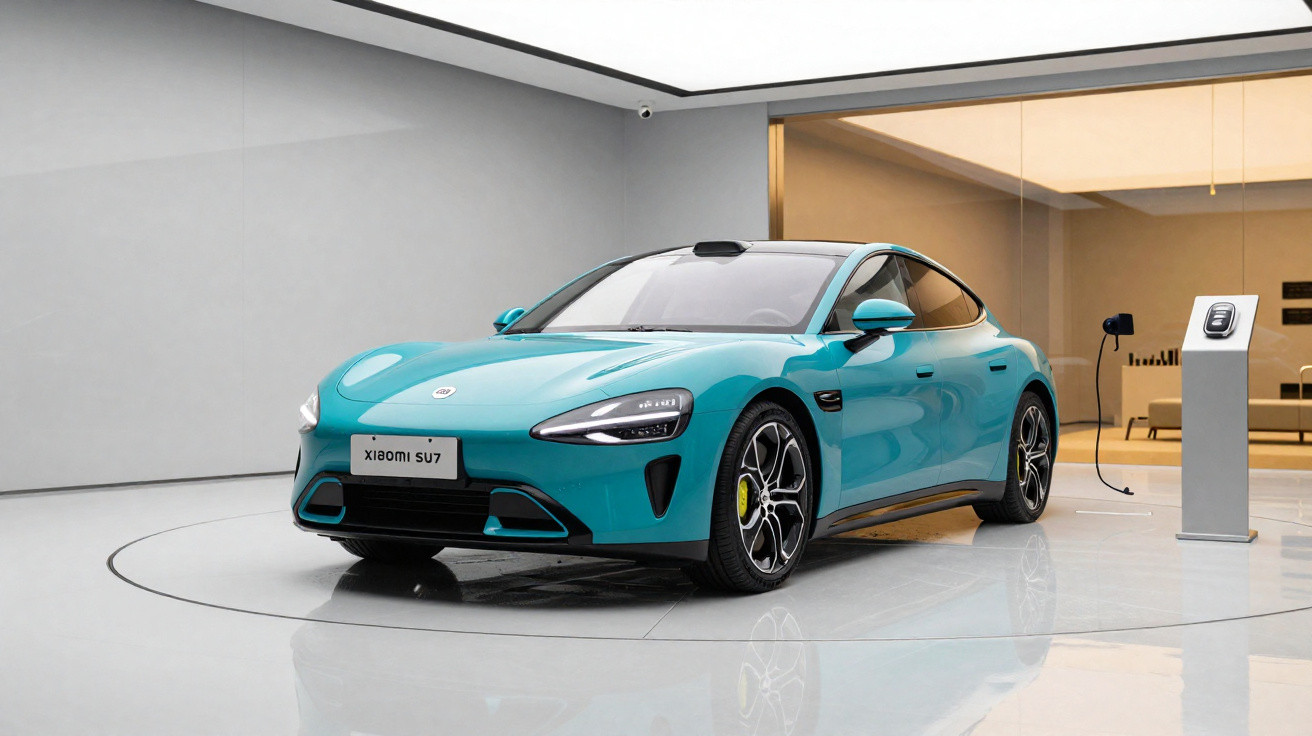 Carro elétrico azul Xiaomi SU7 em showroom moderno com parede de vidro e estação de recarga.