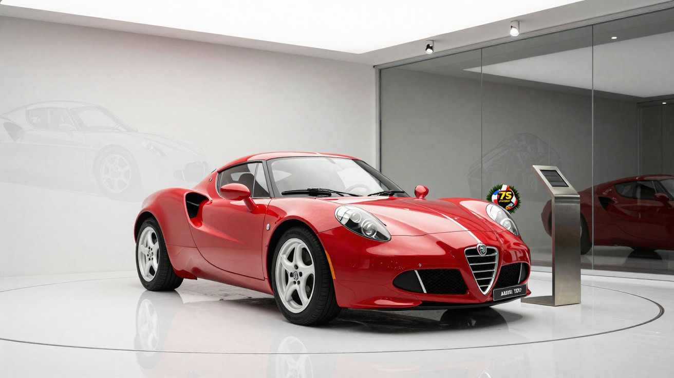 Carro esportivo vermelho Alfa Romeo 8C Competizione exibido em sala de exposição moderna e minimalista.