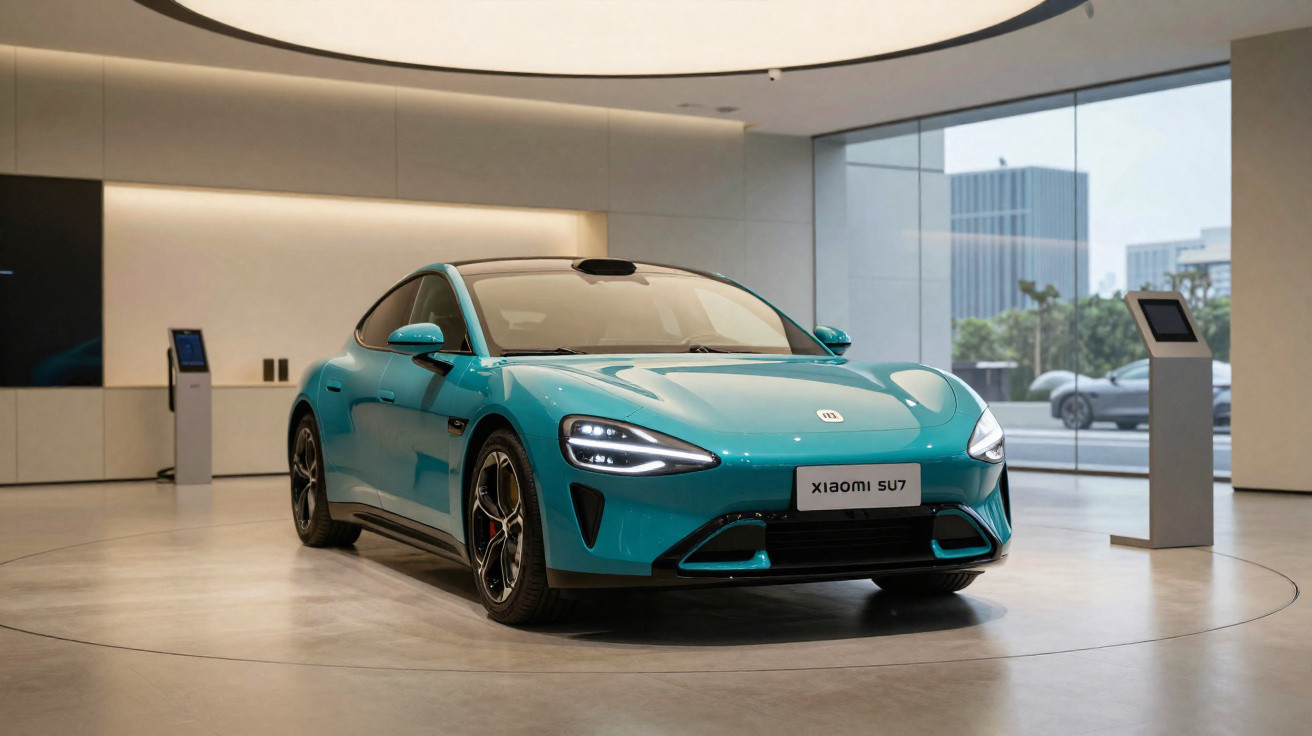 Carro elétrico azul Xiaomi SU7 exposto em showroom moderno com iluminação suave e grandes janelas.