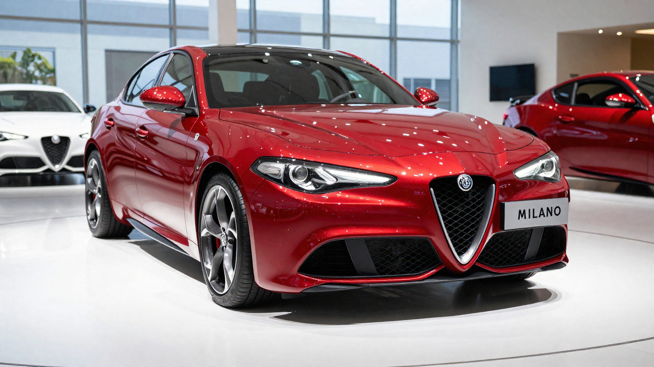 Carro esportivo vermelho Alfa Romeo Milano em exposição em ambiente interno iluminado.