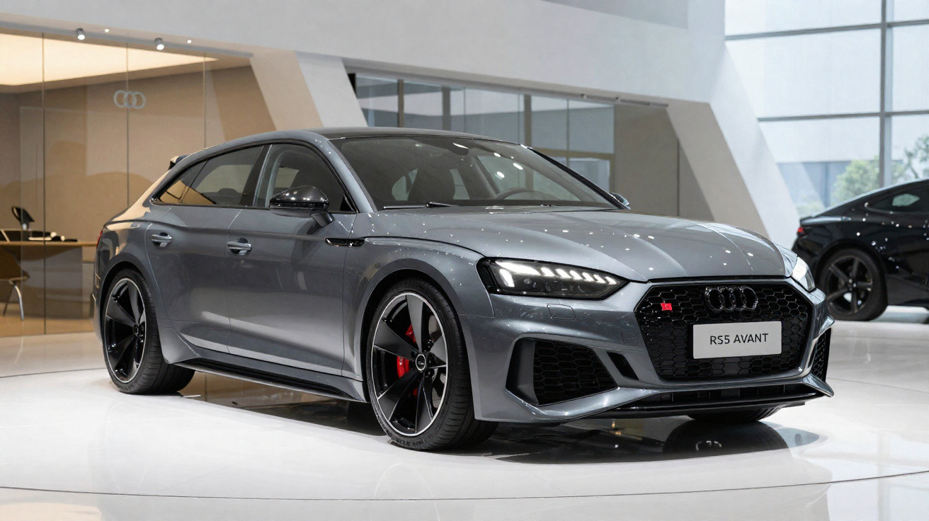 Audi RS5 Avant cinza metálico exibido em showroom moderno com iluminação natural e artificial.