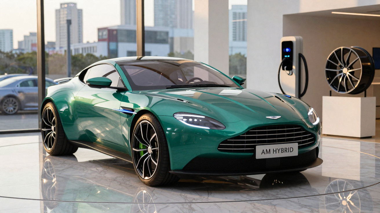 Carro esportivo verde elétrico híbrido Aston Martin AM Hybrid em showroom moderno com estação de recarga.