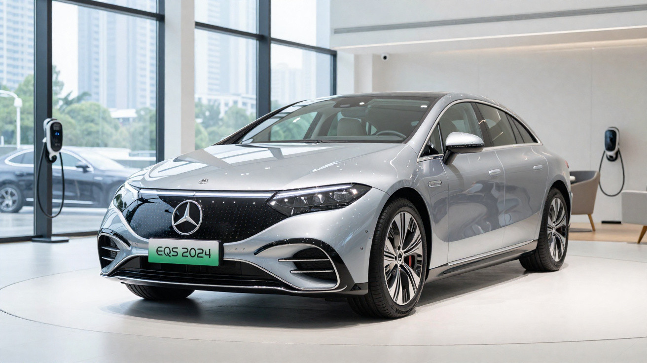 Carro elétrico prata Mercedes-Benz EQS 2024 em exposição dentro de showroom moderno com janelas grandes.
