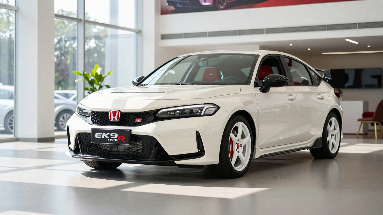 Carro branco Honda EK9 Type R em exposição dentro de showroom moderno.